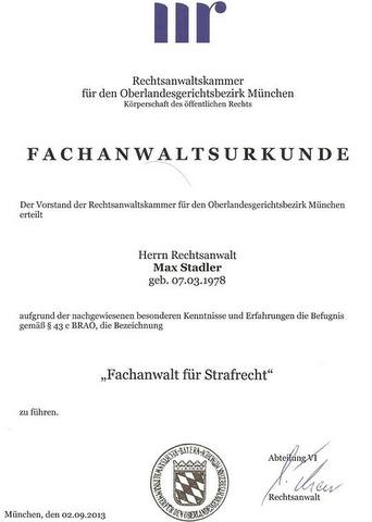 Fachanwaltsurkunde Max Stadler